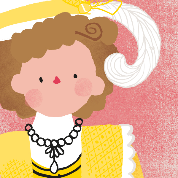 Illustration qui représente un portrait de femme avec un style d'habillement du début du 20e siècle. Elle porte un chapeau avec une plusme en décoration. Une robe avec de la dentelle, un collet monté et un collier de perles.