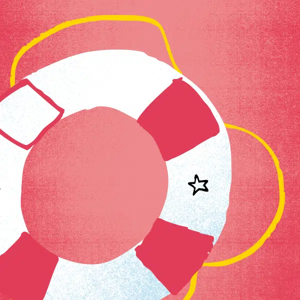 Illustration qui représente une section de bouée de paquebot sur un fond fuschia.