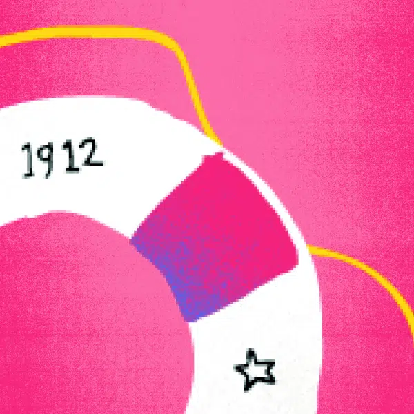 Illustration qui représente une section de bouée de paquebot sur un fond fuschia.