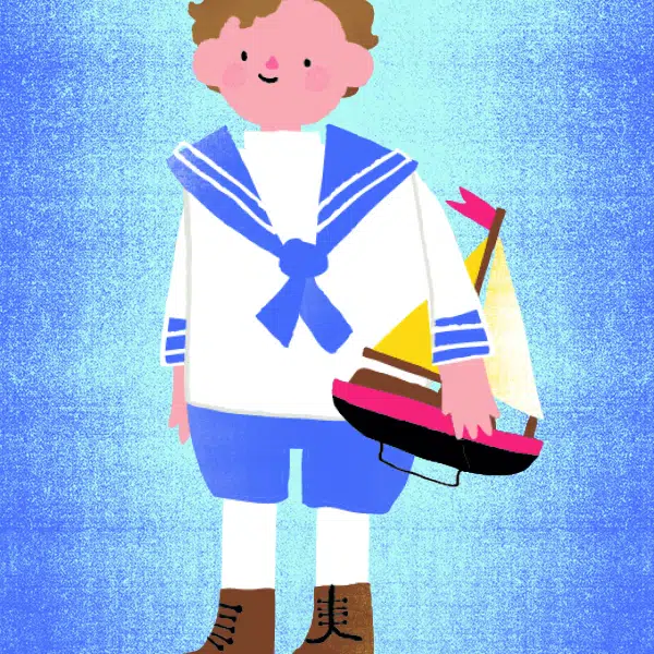 Illustration sur fond bleu qui représente un enfant habillé en matelot qui tient un petit voilier sous le bras.