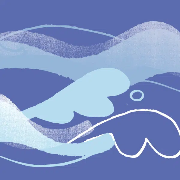 Illustration qui représente des vagues stylisées sur un fond bleu.