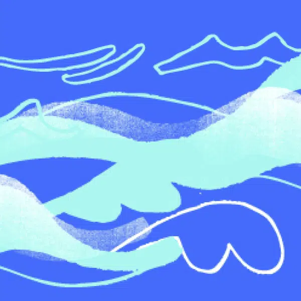 Illustration qui représente des vagues stylisées sur un fond bleu.