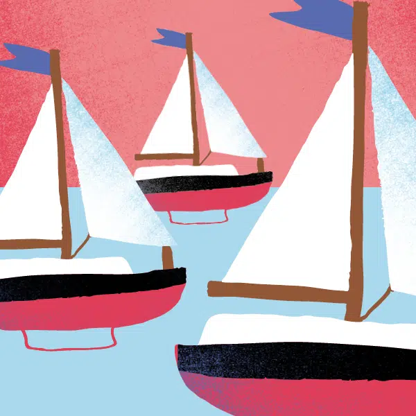 Illustration qui représente trois petits voiliers sur de l'eau avec un fond fuschia.