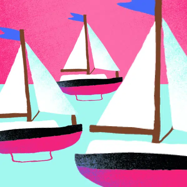 Illustration qui représente trois petits voiliers sur de l'eau avec un fond fuschia.