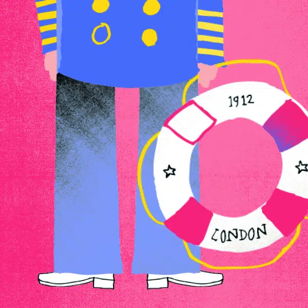 Illustration qui représente le bas du corps d'un marin qui tient une bouée dans la main gauche sur un fond fuschia.