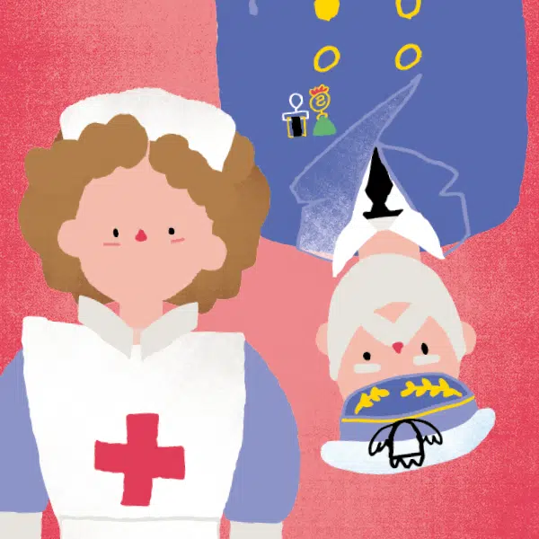 Illustration qui représente un capitaine de paquebot en uniforme avec une barbe blanche et une infirmière avec un calot. Les deux personnages sont tête-bêche sur un fond fuschia.