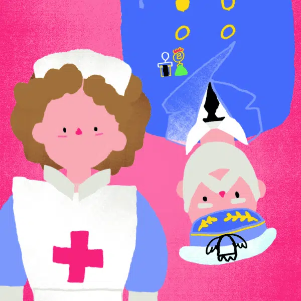 Illustration qui représente un capitaine de paquebot en uniforme avec une barbe blanche et une infirmière avec un calot. Les deux personnages sont tête-bêche sur un fond fuschia.