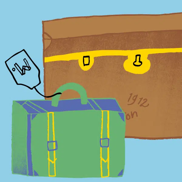 Illustration qui représente un valise verte devant une malle de voyage brune sur un fond bleu.