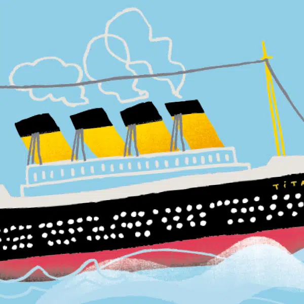 Illustration qui représente une section de paquebot sur des vagues avec quatre cheminées qui crachent de la fumée.