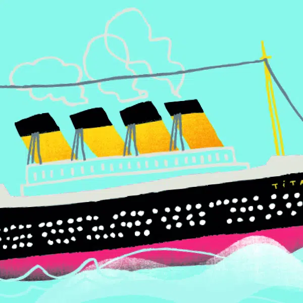 Illustration qui représente une section de paquebot sur des vagues avec quatre cheminées qui crachent de la fumée.