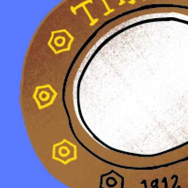 Illustration qui représente une section d'un hublot de paquebot sur fond bleu.