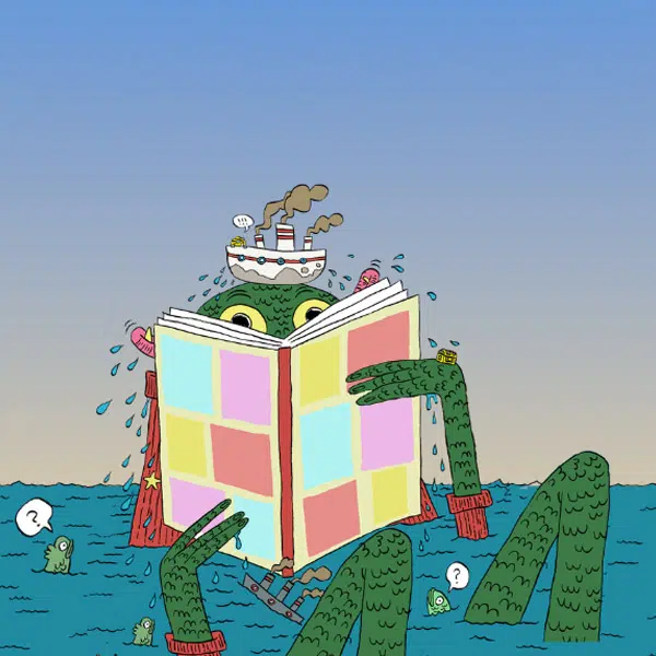 Affiche de la 39e édition du Festival Québec BD. Illustration qui montre un monstre marin vert en partie émergé de l'eau et en train de lire une BD.