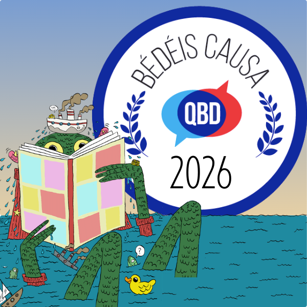 Affiche pour la remise Bédéis Causa 2026. Elle représente un montre marin qui lit une BD hors de l'eau.