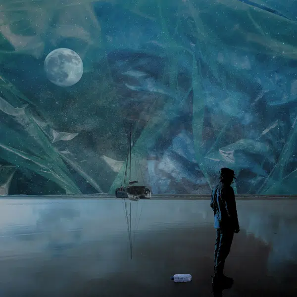 photo montage qui illustre un paysage maritime de nuit sous un ciel fait en plastique bleu. On voit la lune, un bateau au loin et un personnage de dos à l'avant plan.