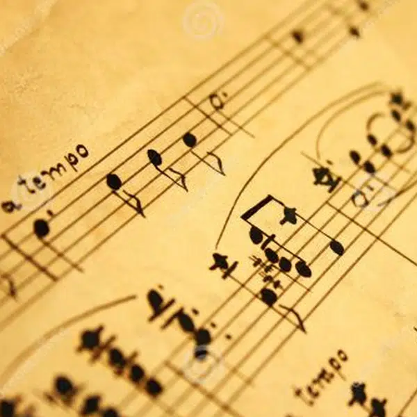 Photo qui montre une partition de musique vue en gros plan avec des notes sur deux portées.