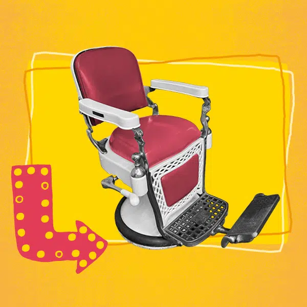 Illustration qui représente une chaise de barbier rouge et blanche sur un fond jaune, avec une flèche rouge dans le coin en bas à gauche