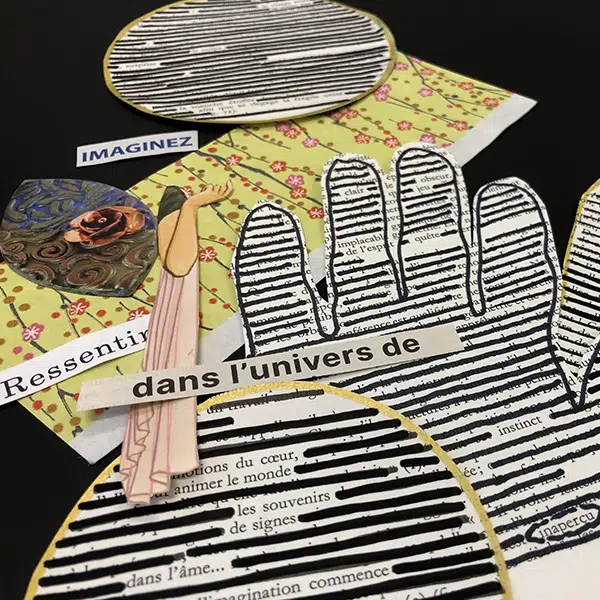 Photo qui représente les éléments papier d'un bricolage de caviardage de texte en forme de main