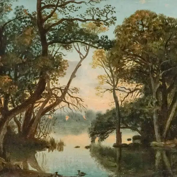 peinture de forêt, avec des arbres verts qui se reflètent dans une surface d'eau