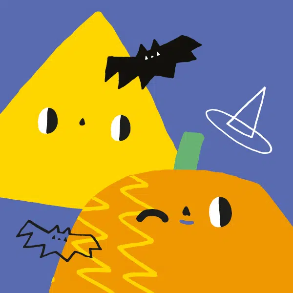 Illustration du visuel de l'Halloween 2026, 2 formes jaunes sur fond violet avec chauve souris