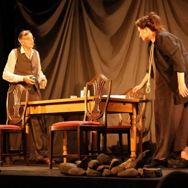 Photo prise lors d'une scène du spectacle Indomptable Virginia Woolf. On voit 2 personnes de part et d'autre d'une table avec des chaises.