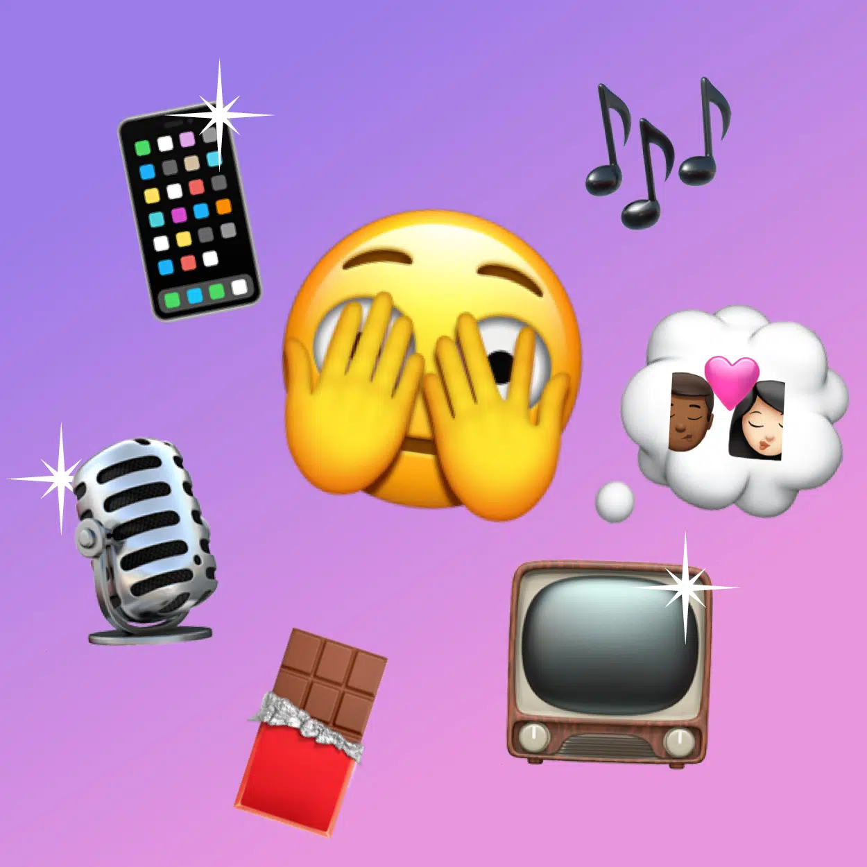image pour illustrer les 6 à 9 Plaisirs coupables : on voit un cellulaire, des notes de musiques, un micro, du chocolat, une télévision avec une bulle au dessus pour évoquer les saops télé, au centre de l,image un émoji de quelqu'un de gêné.
