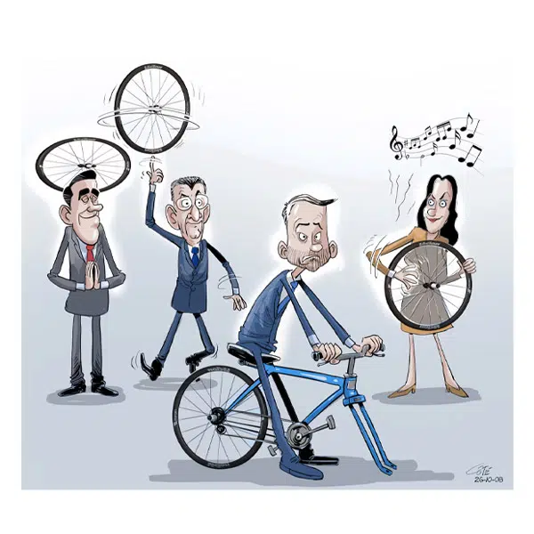 Caricature de Philippe Côté pour illustrer le bye bye en caricatures 2026, on y voit les chefs de partis qui ont gagné les élections 2026